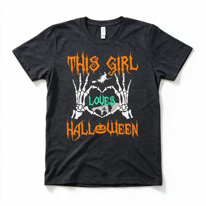 This Girl Loves Halloween t-shirt in dark gray heather, flat lay on white
