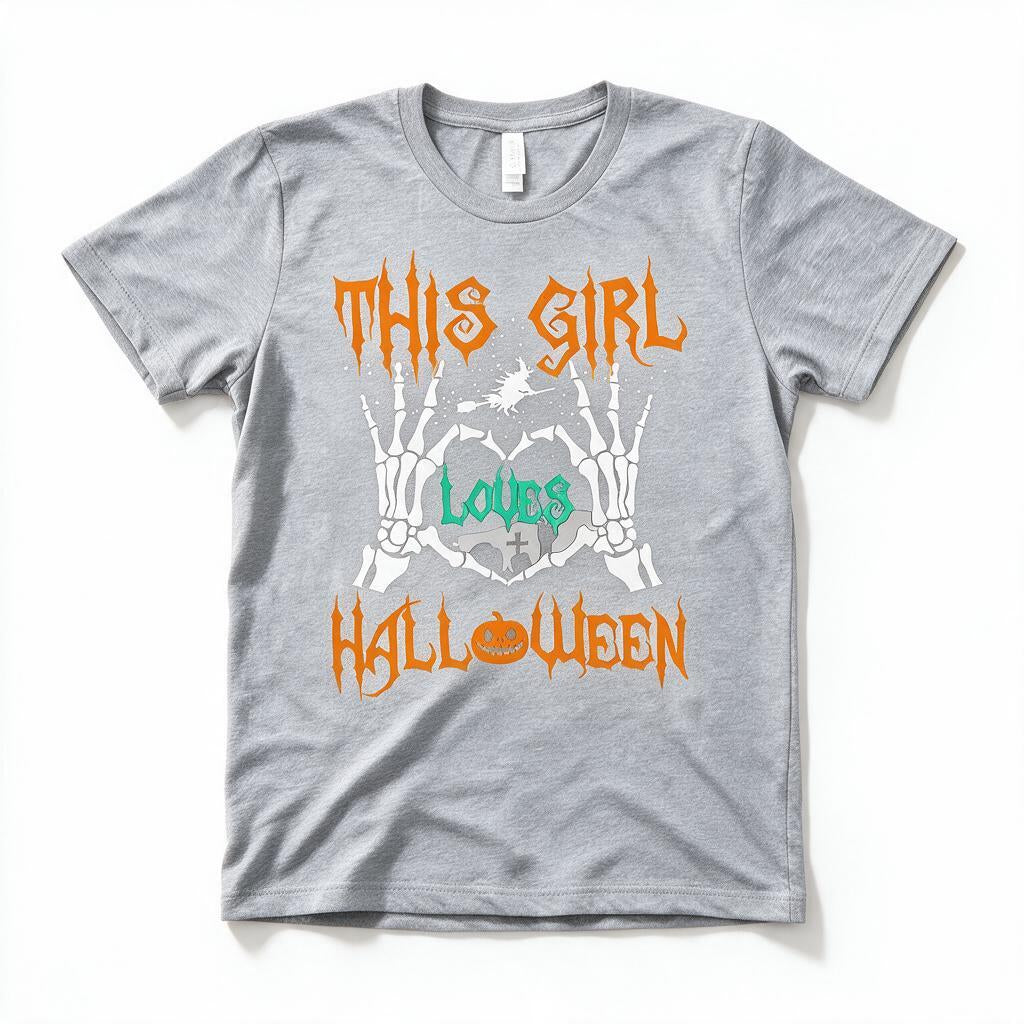 This Girl Loves Halloween t-shirt in heather gray, flat lay on white