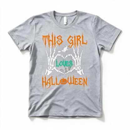 This Girl Loves Halloween t-shirt in heather gray, flat lay on white