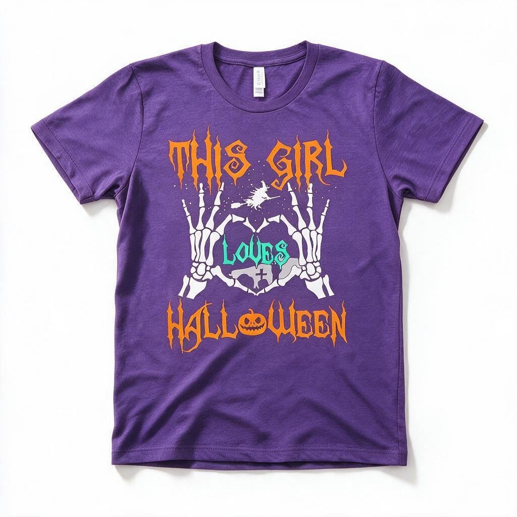 This Girl Loves Halloween t-shirt in purple, flat lay on white