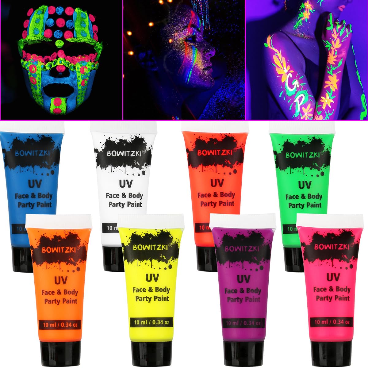 UV neon face and body paint kit with 8 tubes and glowing face paint looks under blacklight
