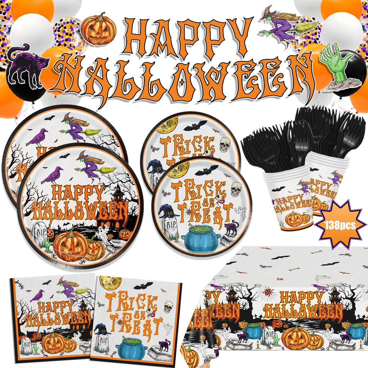 Vintage Halloween tableware set: Happy Halloween and Trick or Treat plates, cups, napkins, forks and banner