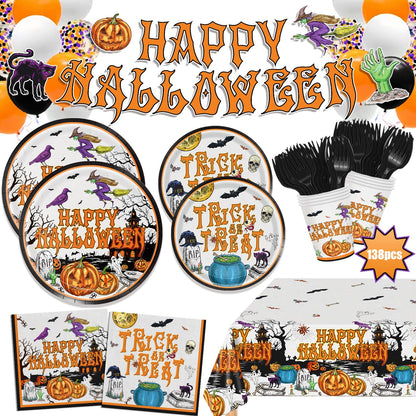 Vintage Halloween tableware set: Happy Halloween and Trick or Treat plates, cups, napkins, forks and banner
