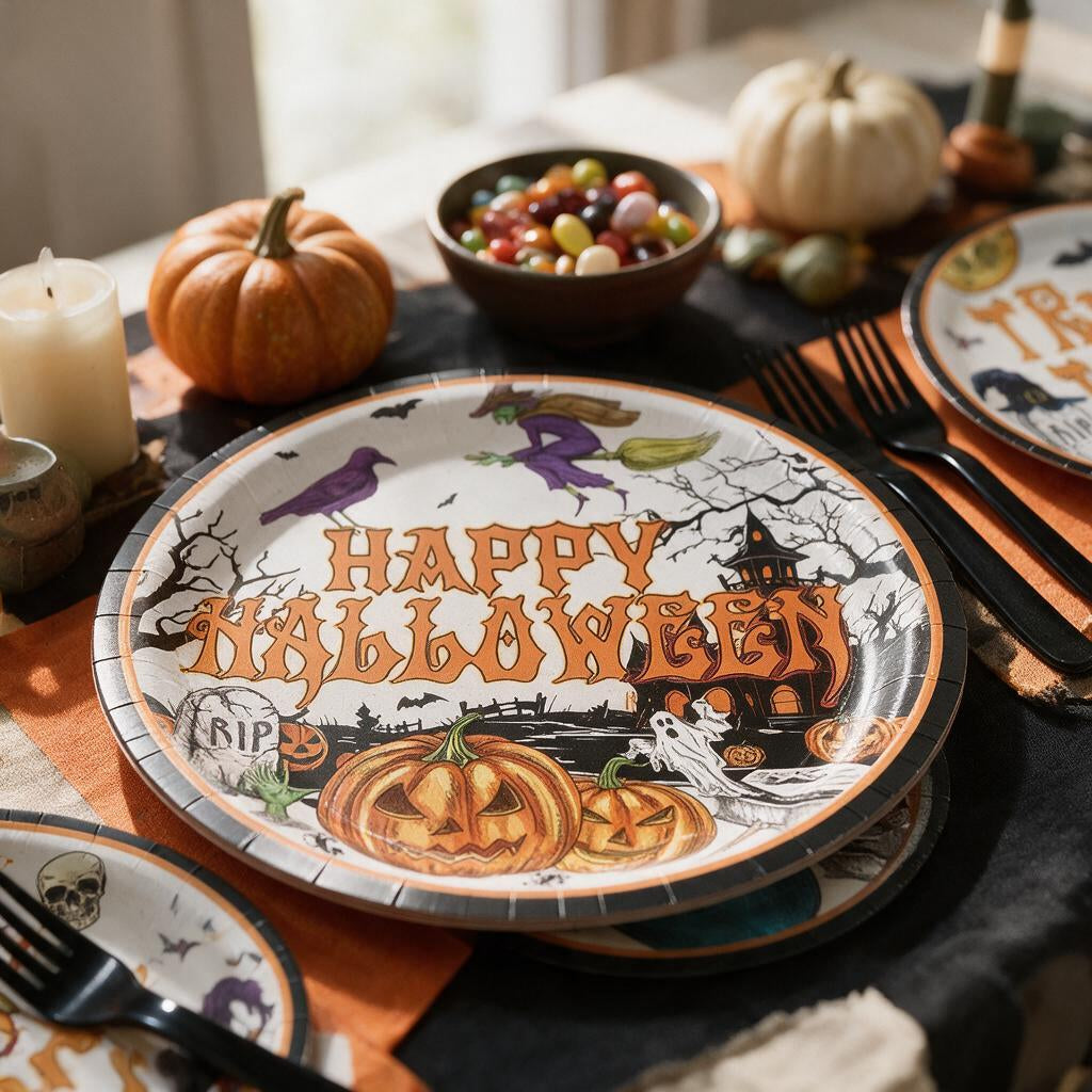 Vintage Happy Halloween paper plates with black forks on a party table with pumpkins and candy