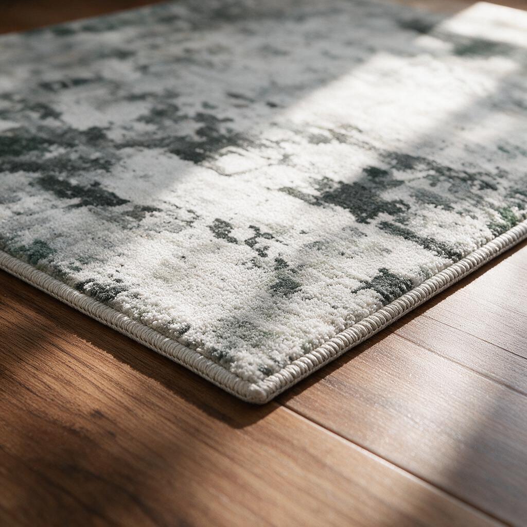 Close-up of the soft low chenille pile, abstract pattern and bound edge of the washable rug