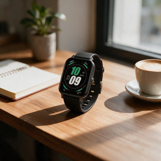 Black square fitness smartwatch on a wooden desk with a notebook and latte