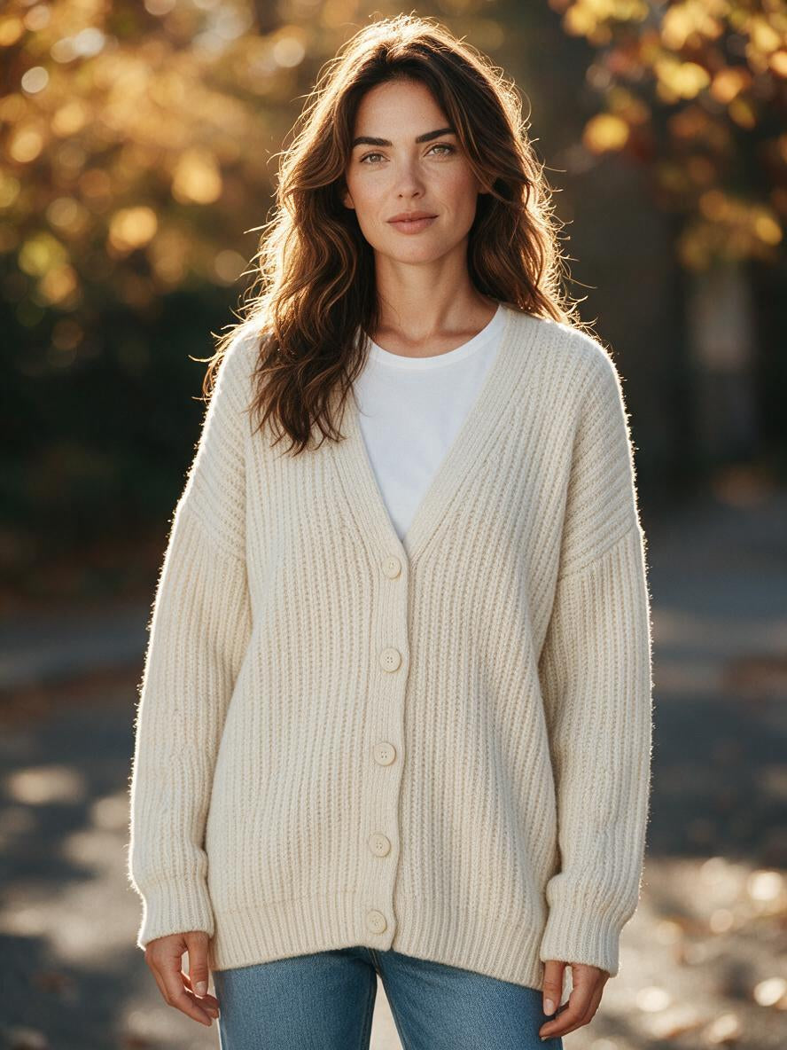 Woman wearing the beige chunky ribbed knit sweater cardigan buttoned over a white tee with jeans in autumn light