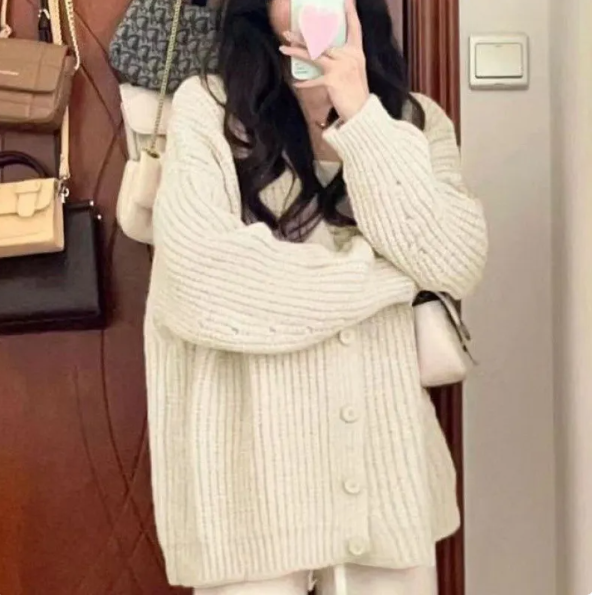 Beige chunky ribbed knit button-up sweater cardigan, oversized fit