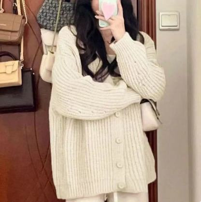 Beige chunky ribbed knit button-up sweater cardigan, oversized fit