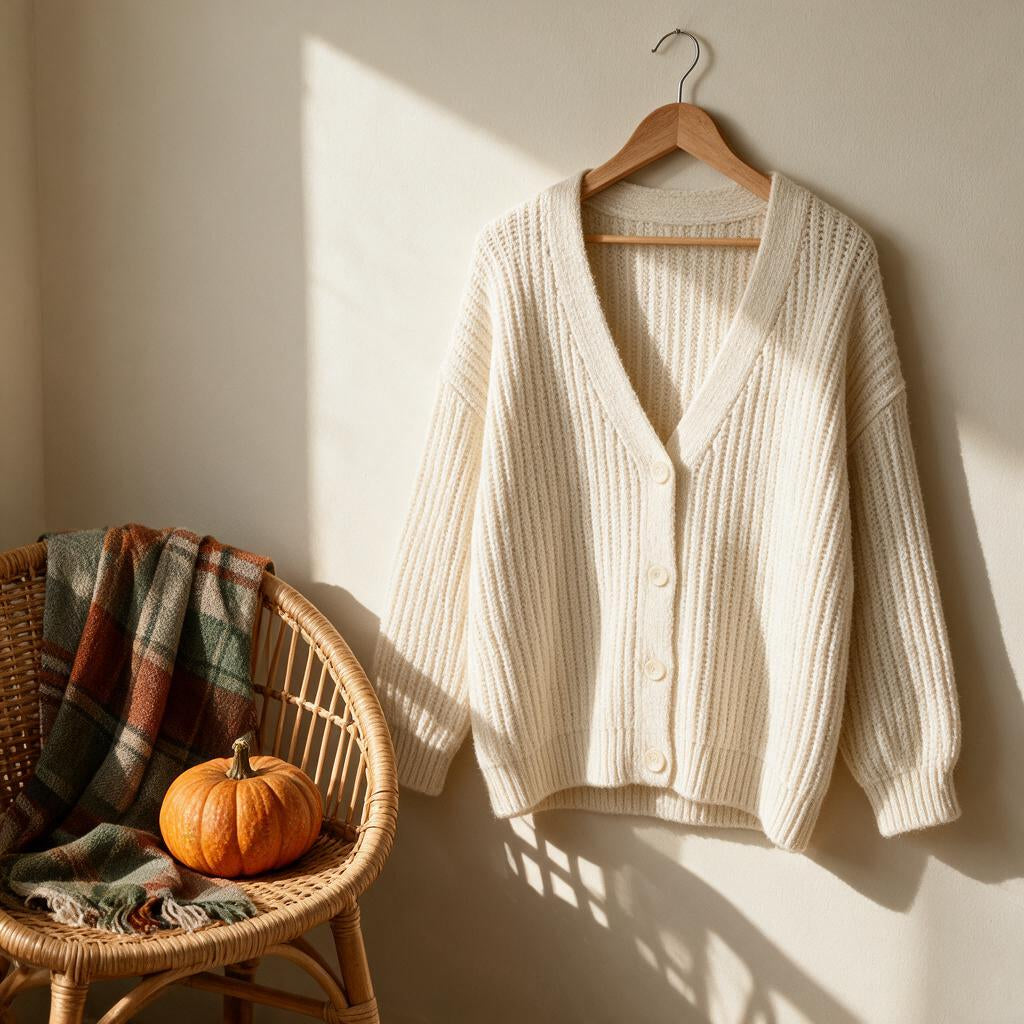 Cream ribbed knit sweater cardigan hanging on a wooden hanger beside a rattan chair and pumpkin