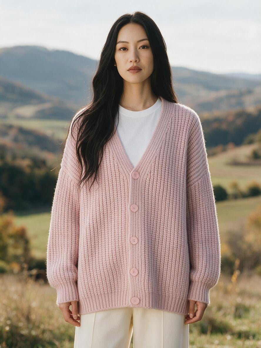 Woman wearing the pink chunky ribbed knit sweater cardigan over a white tee in the autumn countryside