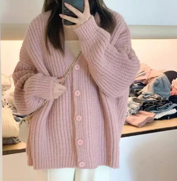 Pink chunky ribbed knit button-up sweater cardigan, oversized fit