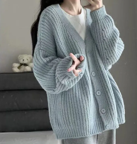 Sky blue chunky ribbed knit button-up sweater cardigan, oversized fit