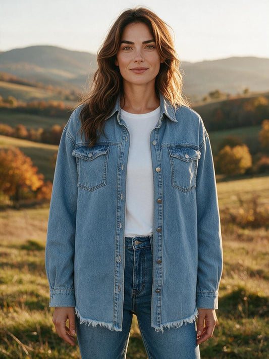 Woman wearing the sky blue raw hem denim jacket in the autumn countryside